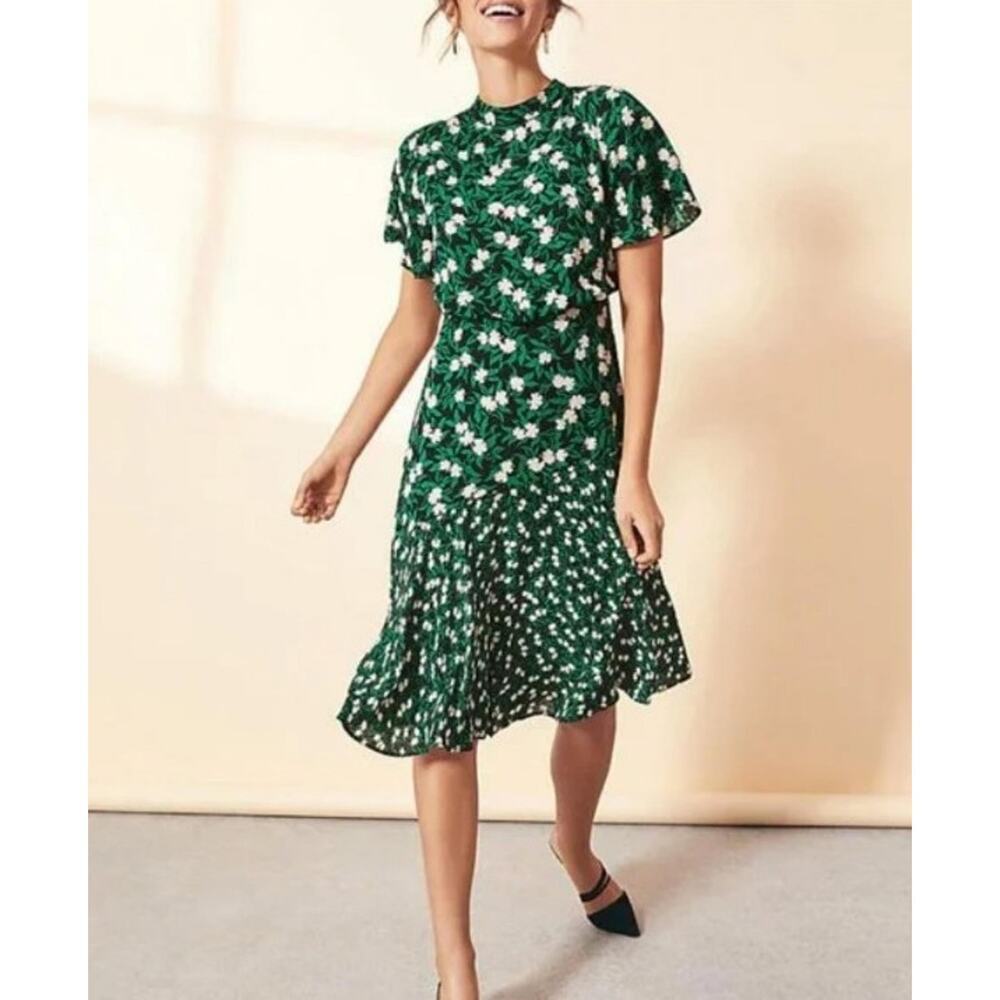 Ann Taylor blousan black green floral dress sz 8 fit and flare